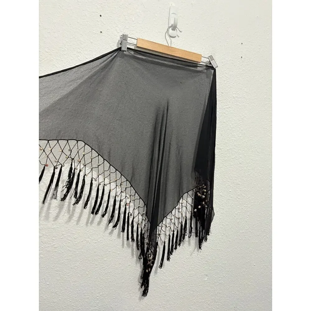 Beaded Black Sheer Shawl Bandana Hippie Y2K Seashell Coastal Wrap